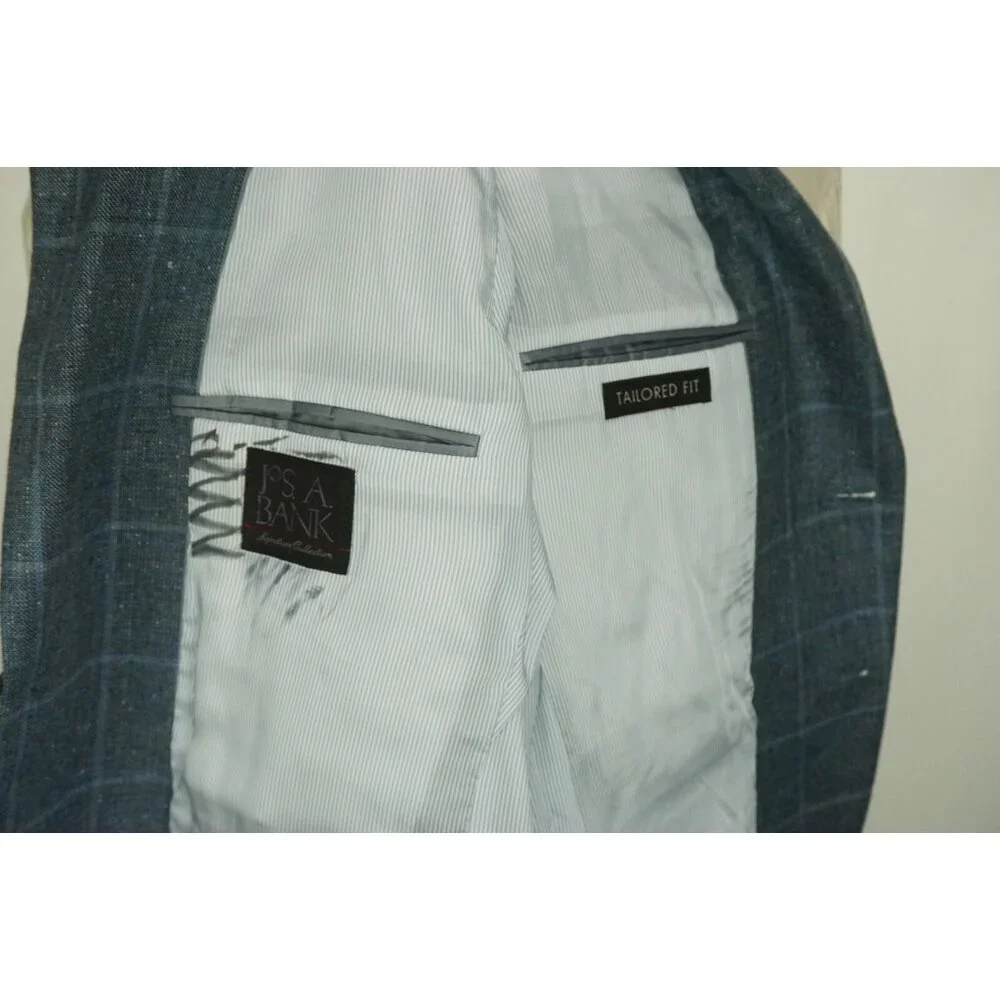Jos A Bank Signature Collection Tailored Silk Linen Blue Plaid Sport Coat 42